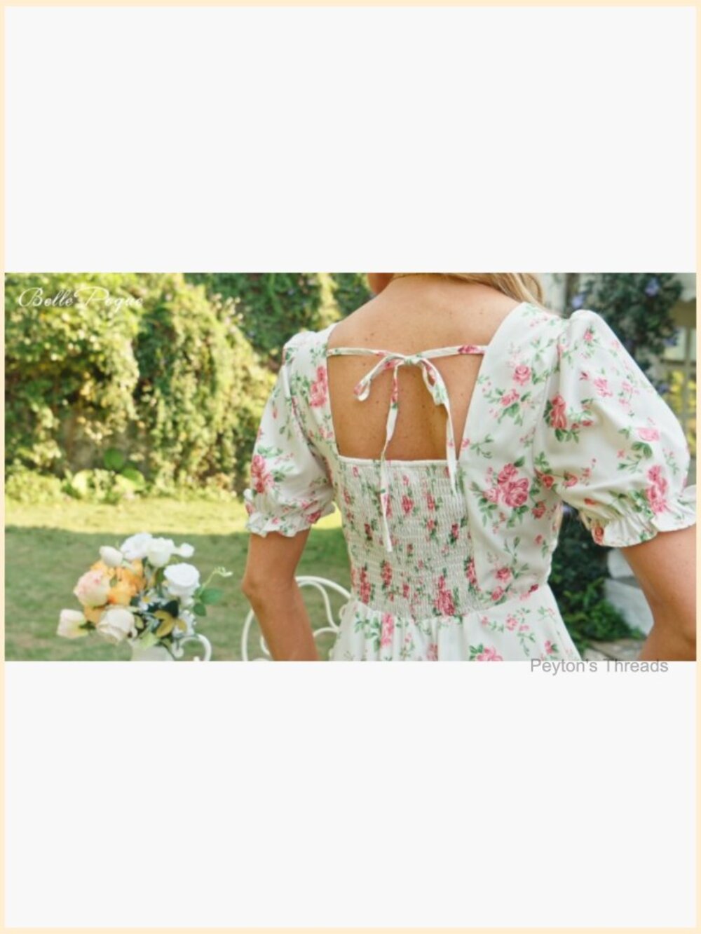 Vintage Square Neck Midi Dress with Puff Sleeves Ruched Waist Smocked Back - Picture 7 of 7